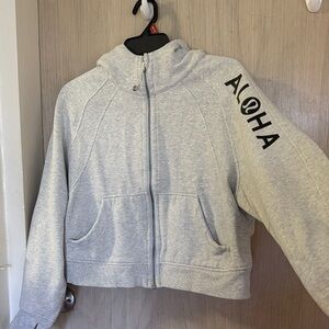 lululemon Light Gray Zip-Up cropped Scuba Hoodie with RARE ALOHA print